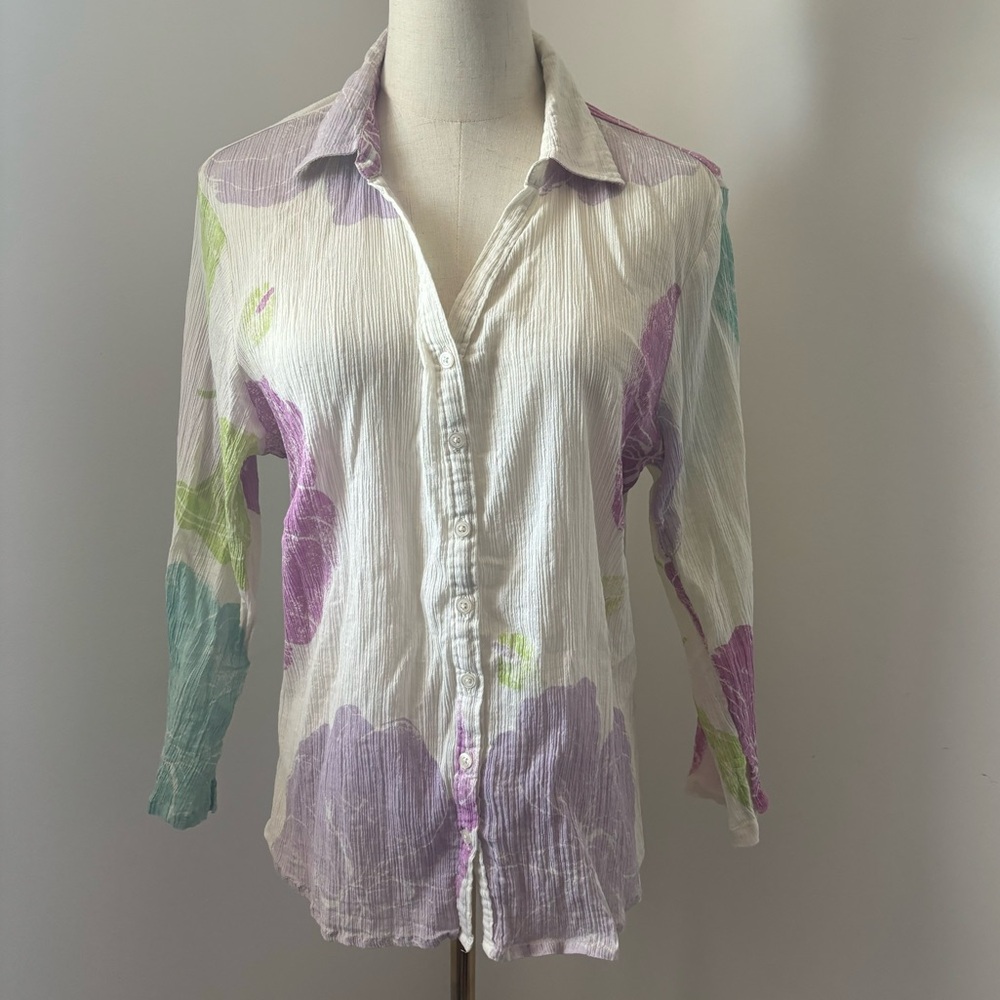 Fei Anthropologie Off White Floral Print V Neck Long Sleeve Button Down Shirt